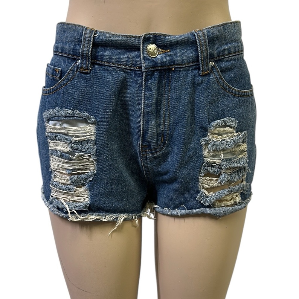 Pretty Little Thing High Rise Distressed Raw Hem Denim Blue Jean Shorts Size 8